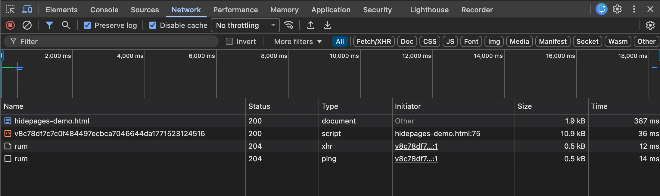 Chrome DevTools Network tab showing a single HTTP 200 request resolution with no redirect chain, demonstrating HidePages zero-redirect architecture